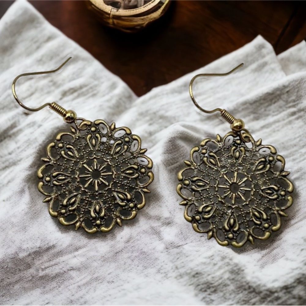 Vintage Inspired Repurposed Handmade Bronze 18k Gold Plated Earrings Nickel Free